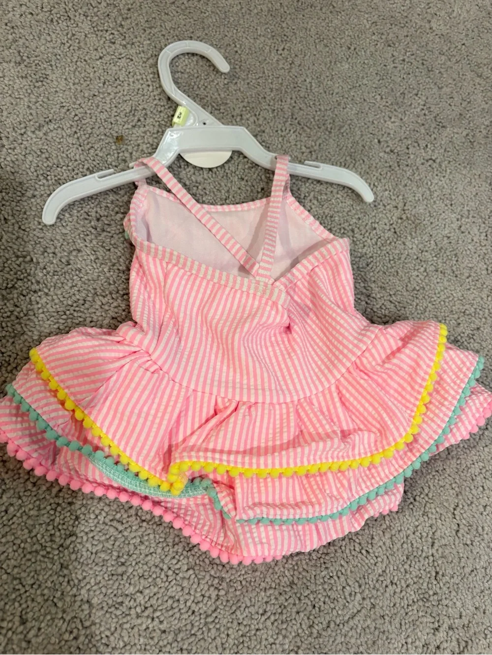 Girls Pink Striped Seersucker Ruffle Swim Dress with Pom Trim NWT - 3 MO
